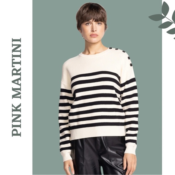 Pink Martini Crew Neck Sweater Pullover Button Detail Stripe Cream Black Large - Picture 1 of 8